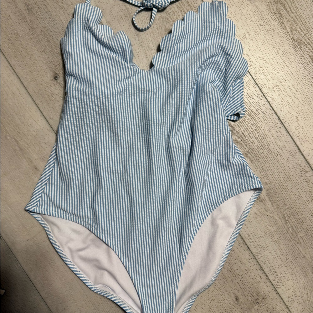 Blue Striped One-Piece Swimsuit.  Only worn once in good condition and very cute